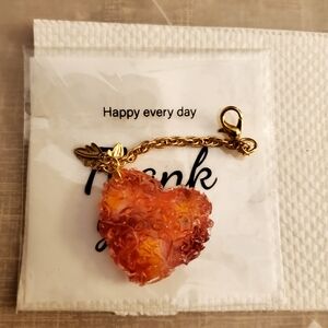Charming Heart Bag Charm, Mixed Shades Of Fall Colors Golden Chain With Leaves.
